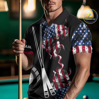 Personalized US Flag Smoke Billiard Shirts For Men Custom Patriotic 8 Ball Pool Team Jersey TDM8102