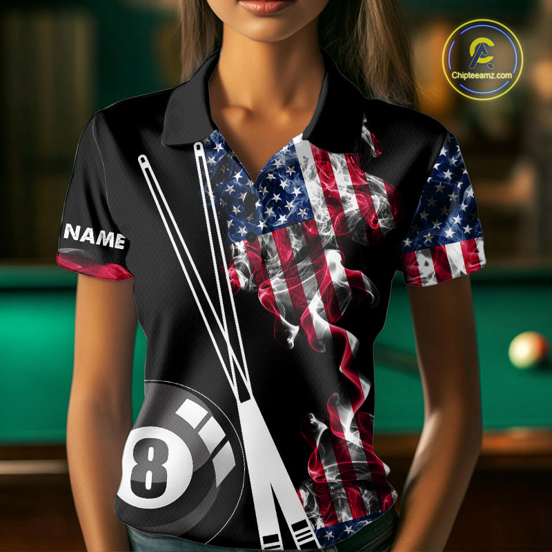 Personalized US Flag Smoke Billiard Shirts For Women Custom Patriotic 8 Ball Pool Team Jersey TDM8102
