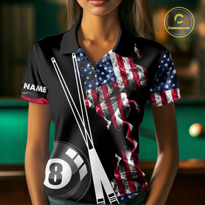 Personalized US Flag Smoke Billiard Shirts For Women Custom Patriotic 8 Ball Pool Team Jersey TDM8102