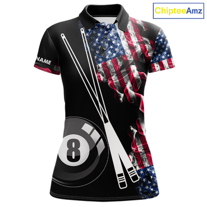 Personalized US Flag Smoke Billiard Shirts For Women Custom Patriotic 8 Ball Pool Team Jersey TDM8102