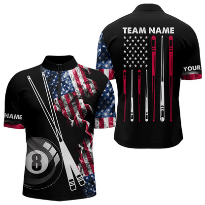 Personalized US Flag Smoke Billiard Shirts For Men Custom Patriotic 8 Ball Pool Team Jersey TDM8102