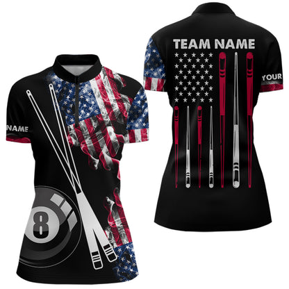 Personalized US Flag Smoke Billiard Shirts For Women Custom Patriotic 8 Ball Pool Team Jersey TDM8102