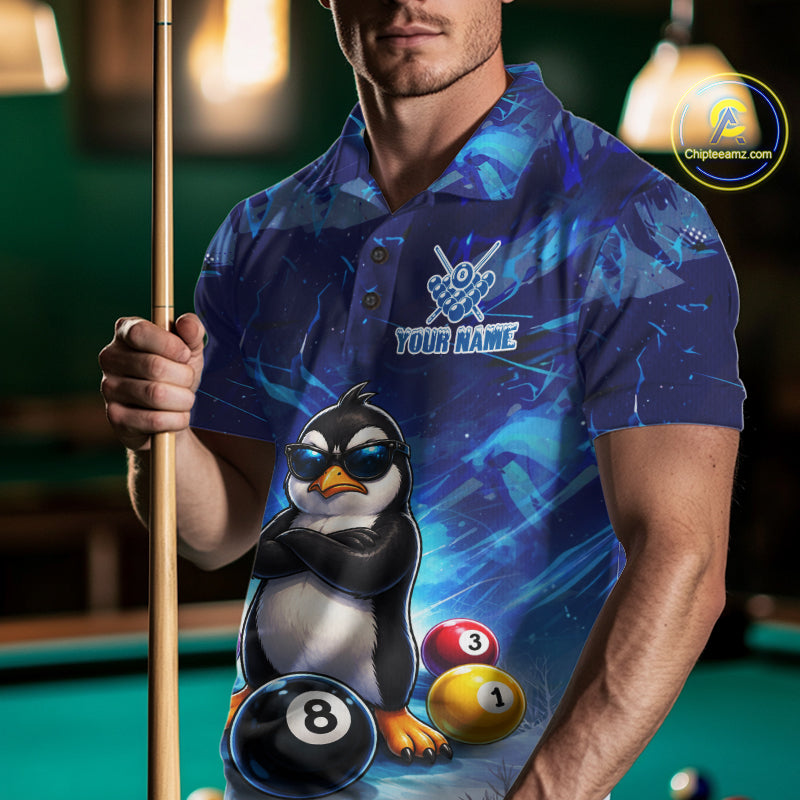 Blue Funny Penguin 8 Ball Pool Billiard Shirt For Men Custom Billiard Team Jersey Polo & 1/4 Zip TDM8105