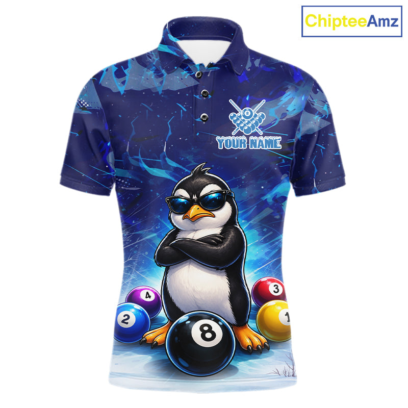 Blue Funny Penguin 8 Ball Pool Billiard Shirt For Men Custom Billiard Team Jersey Polo & 1/4 Zip TDM8105