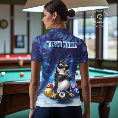 Blue Funny Penguin 8 Ball Pool Billiard Shirt For Women Custom Billiard Team Jersey Polo & 1/4 Zip TDM8105