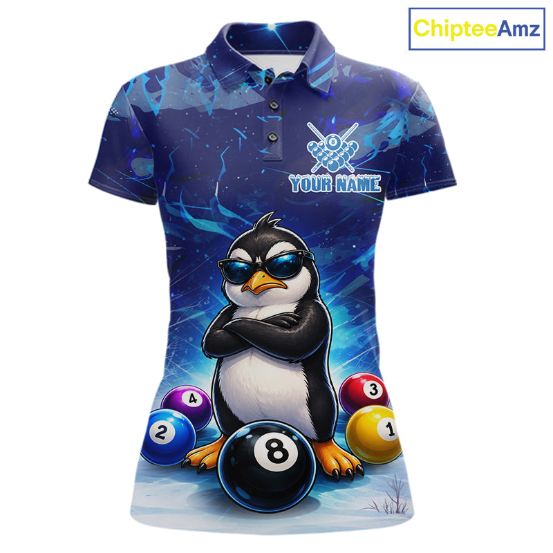 Blue Funny Penguin 8 Ball Pool Billiard Shirt For Women Custom Billiard Team Jersey Polo & 1/4 Zip TDM8105