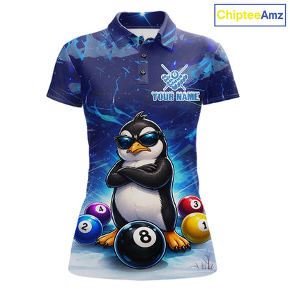 Blue Funny Penguin 8 Ball Pool Billiard Shirt For Women Custom Billiard Team Jersey Polo & 1/4 Zip TDM8105