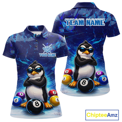 Blue Funny Penguin 8 Ball Pool Billiard Shirt For Women Custom Billiard Team Jersey Polo & 1/4 Zip TDM8105
