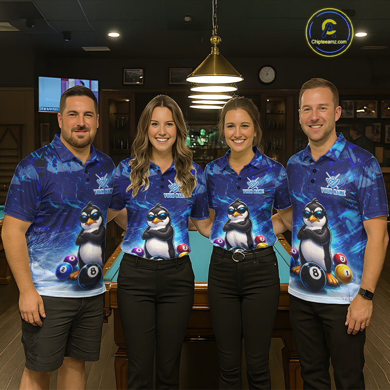 Blue Funny Penguin 8 Ball Pool Billiard Shirt For Men Custom Billiard Team Jersey Polo & 1/4 Zip TDM8105