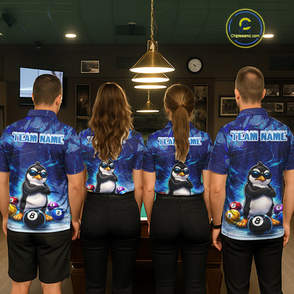 Blue Funny Penguin 8 Ball Pool Billiard Shirt For Men Custom Billiard Team Jersey Polo & 1/4 Zip TDM8105