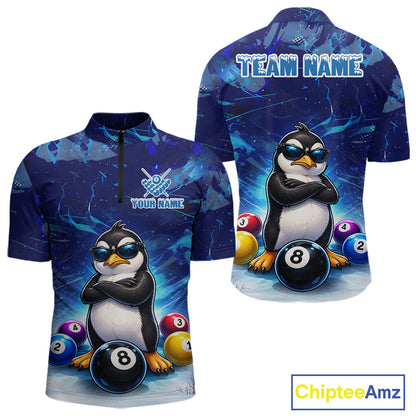 Blue Funny Penguin 8 Ball Pool Billiard Shirt For Men Custom Billiard Team Jersey Polo & 1/4 Zip TDM8105