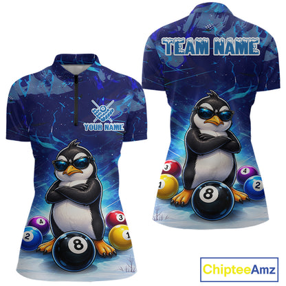 Blue Funny Penguin 8 Ball Pool Billiard Shirt For Women Custom Billiard Team Jersey Polo & 1/4 Zip TDM8105