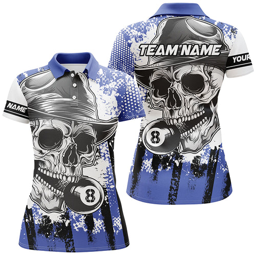 Personalized Blue Billiard Skull Holding 8 Ball Women Polo Shirts Custom Billiard Team Jersey Attire TDM1382