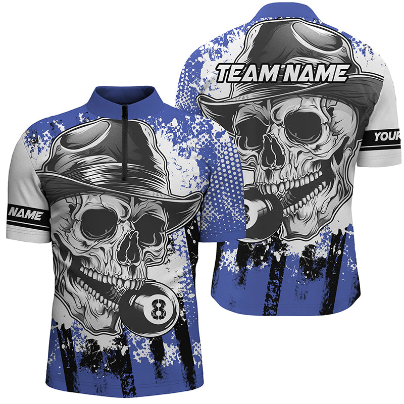 Blue Billiard Skull Holding 8 Ball Men Quarter-Zip Shirts Custom Billiard Jersey Attire TDM1382