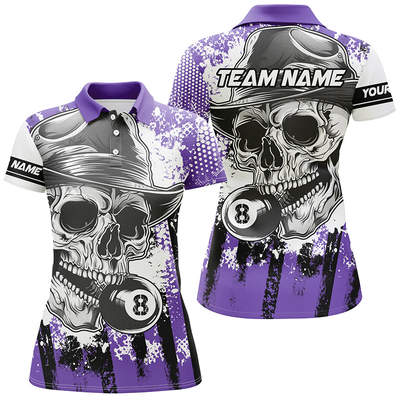 Personalized Purple Billiard Skull Holding 8 Ball Women Polo Shirts Custom Billiard Jersey Attire TDM1383