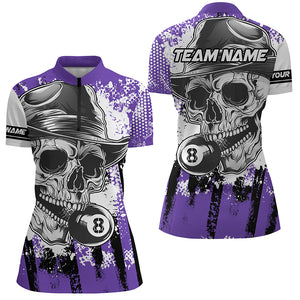 Purple Billiard Skull Holding 8 Ball Women Quarter-Zip Shirts Custom Billiard Jersey Attire TDM1383