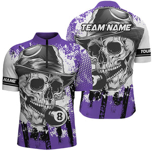 Purple Billiard Skull Holding 8 Ball Men Quarter-Zip Shirts Custom Billiard Jersey Attire TDM1383