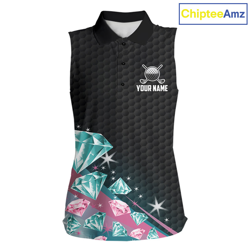 Women's Sleeveless Golf Polo Shirt Funny Pink And Turquoise Diamonds Custom Name Golf Shirts TDM6471
