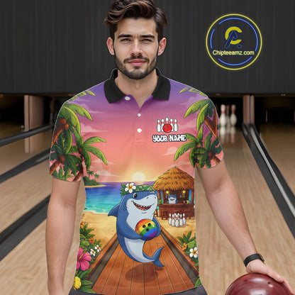 Funny Shark Sunset Tropical Bowling Shirts For Men Custom Bowling Polo & 1/4 Zip, Bowling Gifts TDM6472
