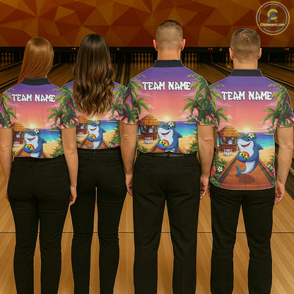 Funny Shark Sunset Tropical Bowling Shirts For Women Custom Bowling Polo & 1/4 Zip, Bowling Gifts TDM6472