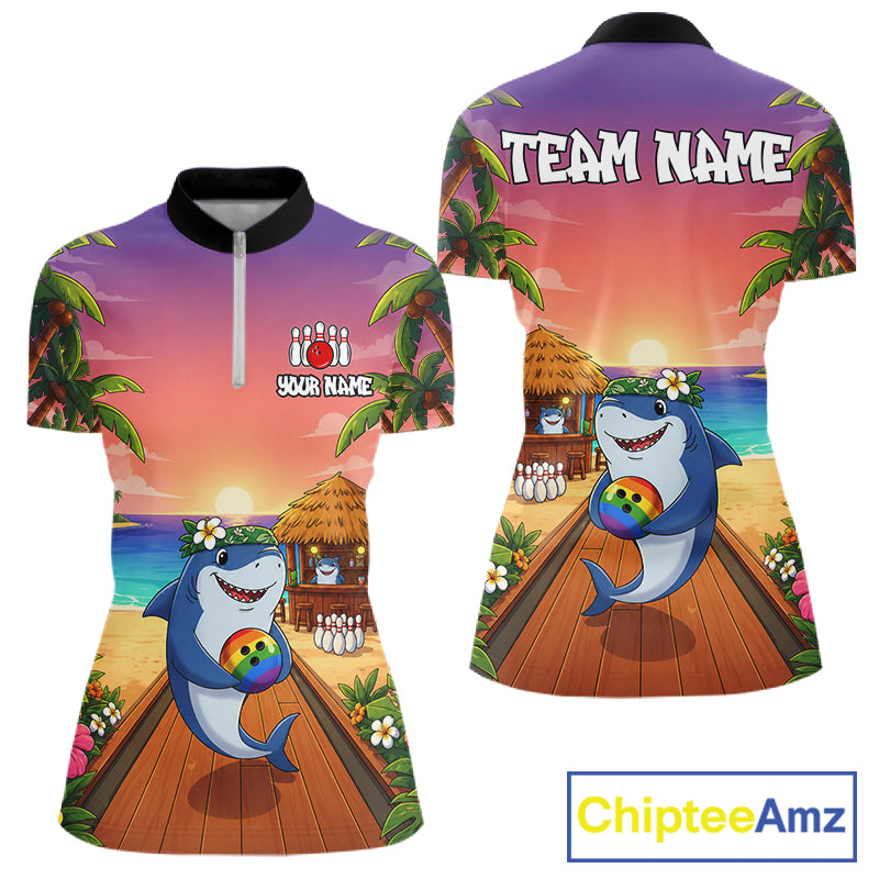 Funny Shark Sunset Tropical Bowling Shirts For Women Custom Bowling Polo & 1/4 Zip, Bowling Gifts TDM6472