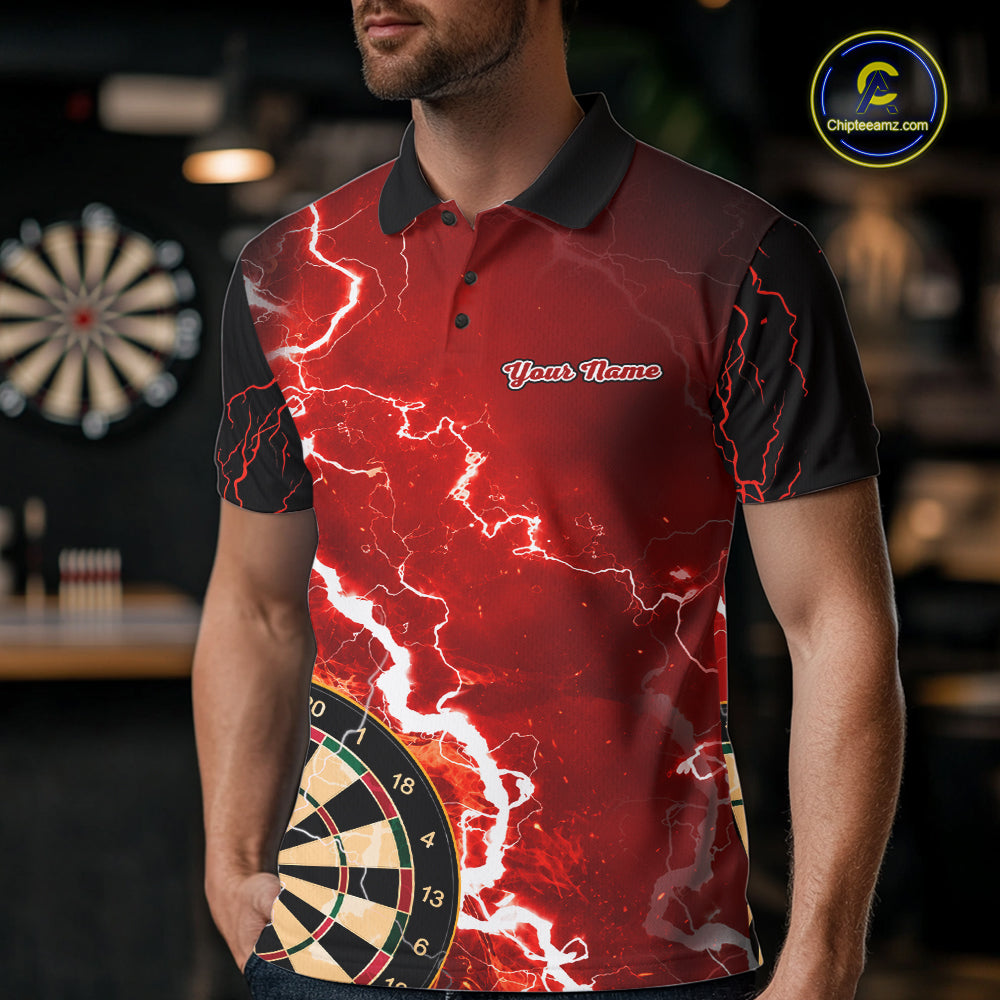 Man wearing custom red lightning darts polo shirt front view.