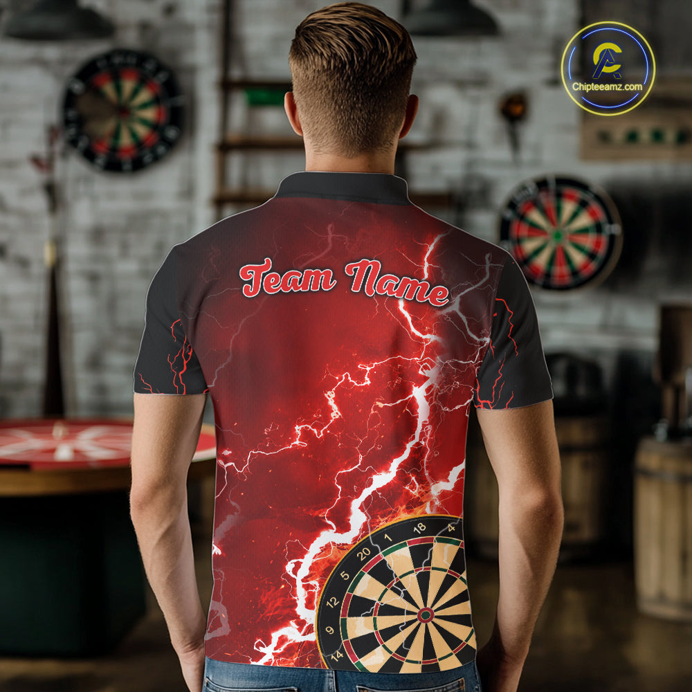 Man wearing custom red lightning darts polo shirt back view.