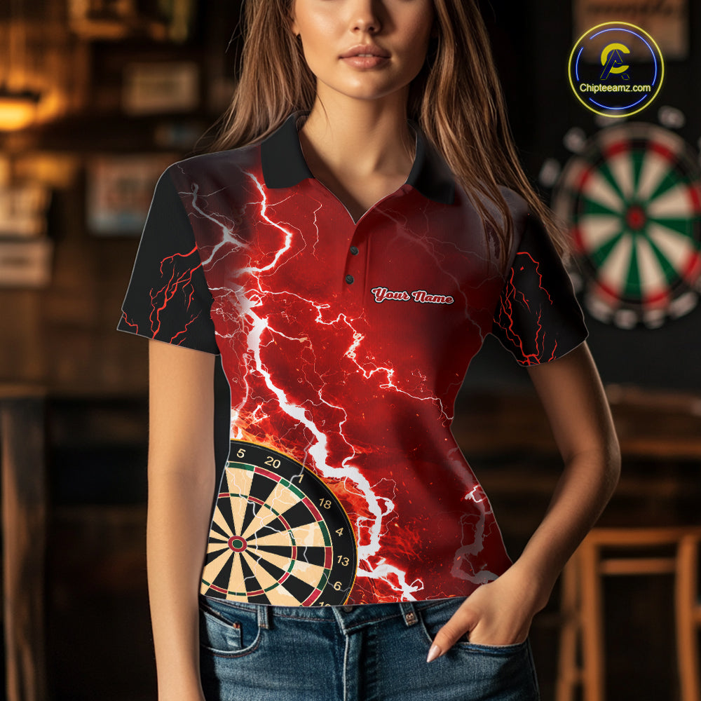 Woman wearing custom red lightning darts polo shirt front view.