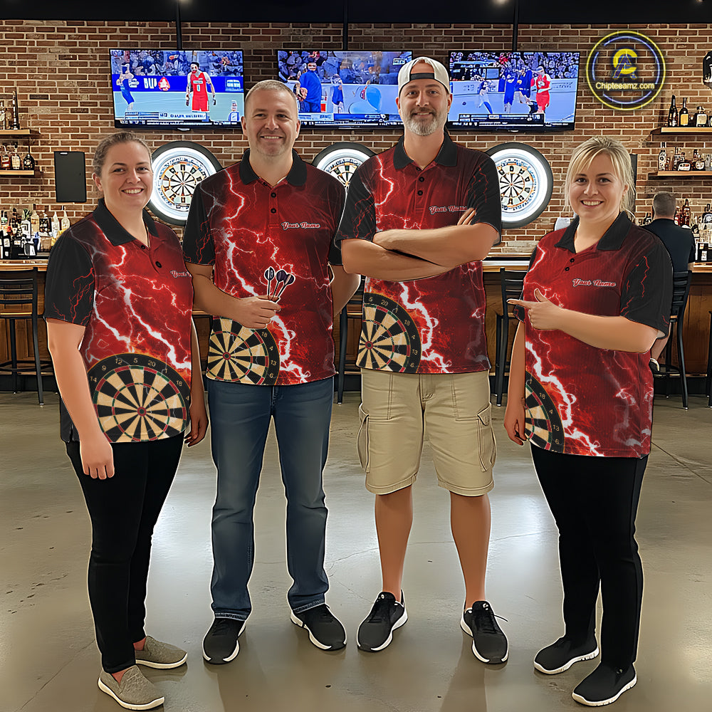 Darts team wearing matching red lightning darts jerseys front view.