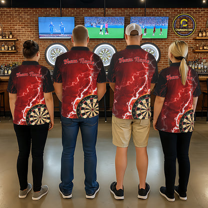Darts team wearing matching red lightning darts jerseys back view.