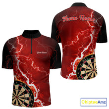 Load image into Gallery viewer, Custom red lightning darts team quarter zip shirt for men with bold lightning graphics and personalized darts jersey design.