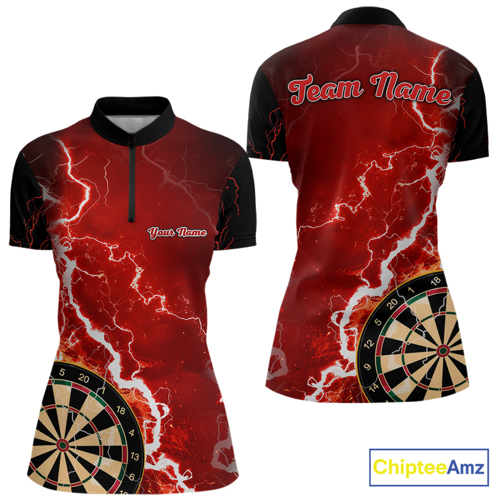 Custom red lightning darts team quarter zip shirt for women with bold lightning graphics and personalized darts jersey design.