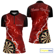 Load image into Gallery viewer, Custom red lightning darts team quarter zip shirt for women with bold lightning graphics and personalized darts jersey design.