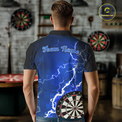 Man wearing custom blue lightning darts polo shirt back view.