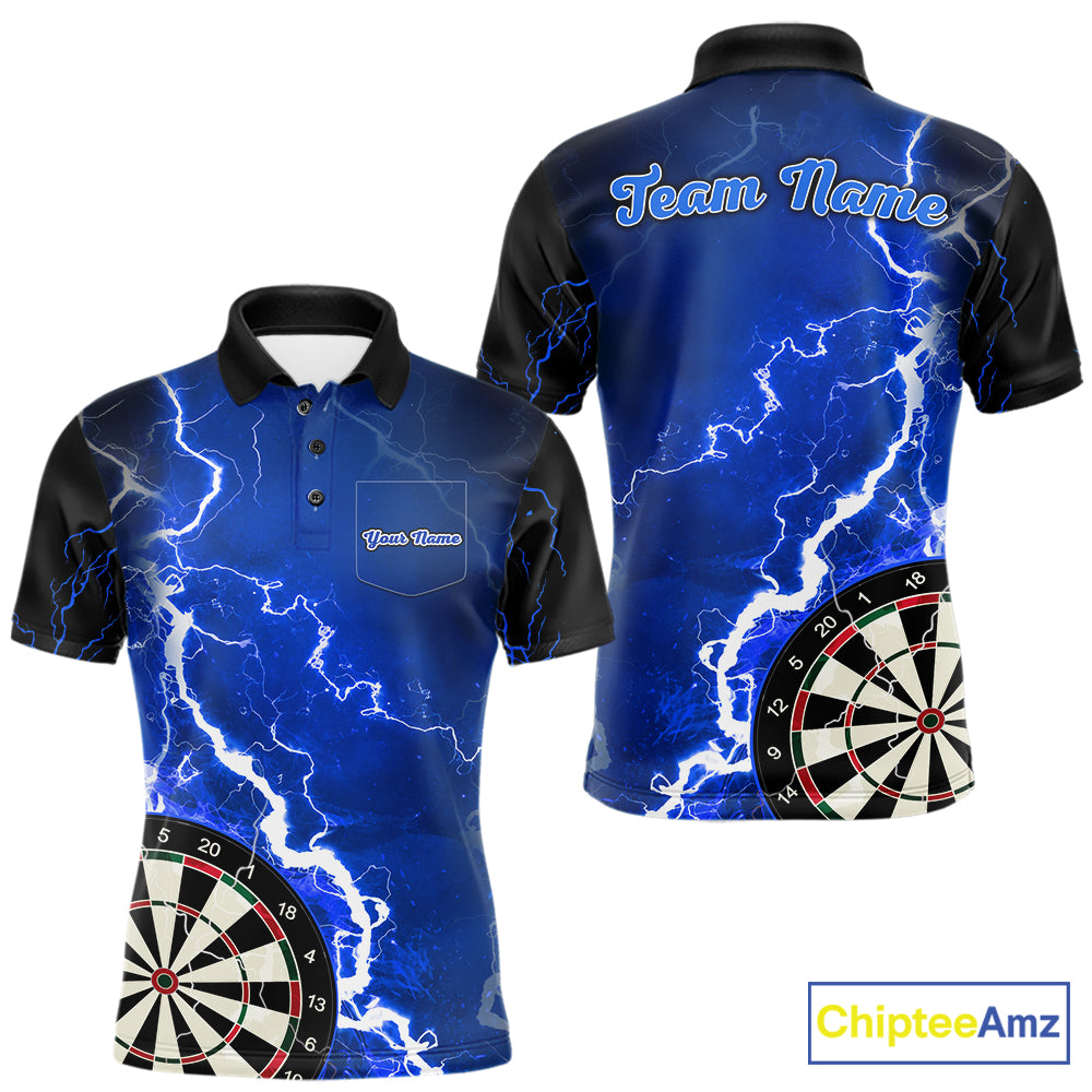 Custom blue lightning darts team jersey polo shirt with left chest pocket for men, personalized lightning dart league shirt.
