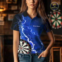 Load image into Gallery viewer, Woman wearing custom blue lightning darts polo shirt front view.