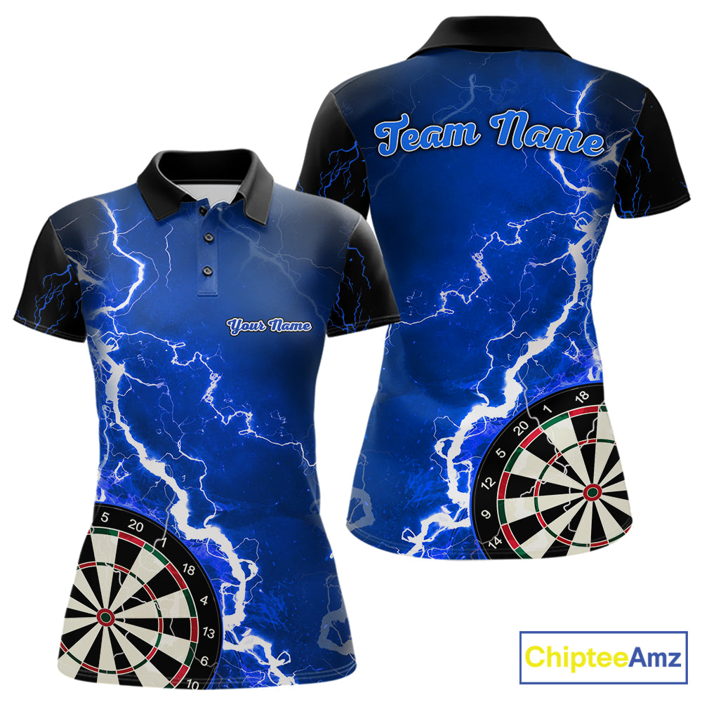 Custom blue lightning darts team jersey polo shirt for women, personalized dart shirt with electric lightning graphics for darts league players.