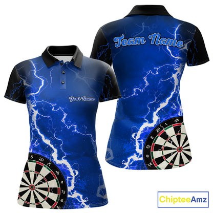 Custom blue lightning darts team jersey polo shirt for women, personalized dart shirt with electric lightning graphics for darts league players.