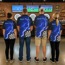 Load image into Gallery viewer, Darts team wearing matching blue lightning darts jerseys back view.