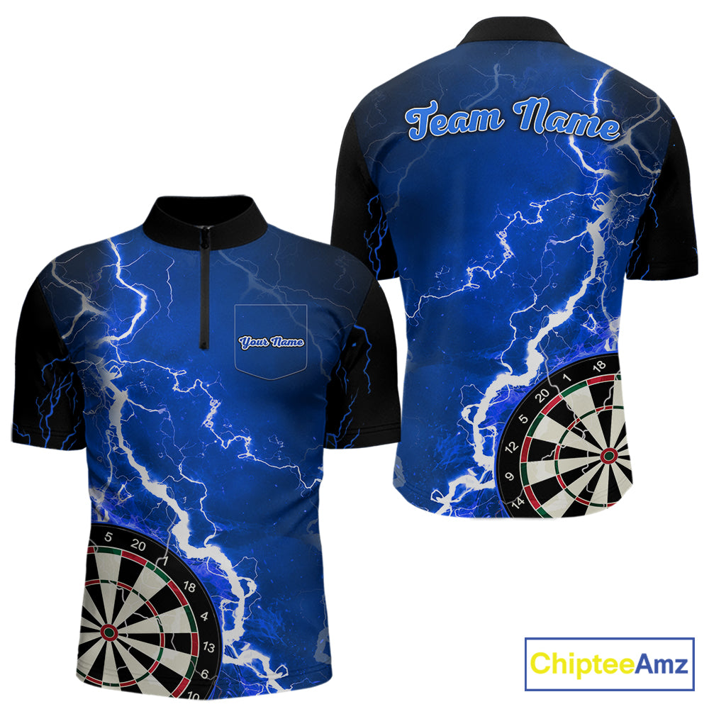 Custom blue lightning darts quarter zip shirt with left chest pocket for men, personalized darts team jersey.