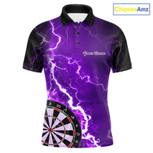 Load image into Gallery viewer, Custom purple lightning darts team jersey polo shirt for men, personalized dart shirt with bold lightning design for darts league players.