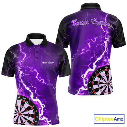 Custom purple lightning darts team jersey polo shirt with left chest pocket for men, personalized lightning dart league shirt.