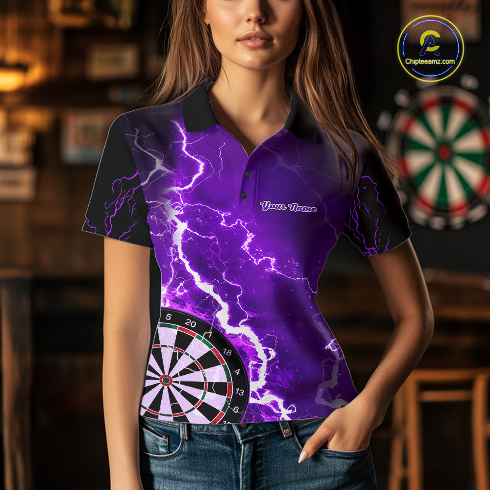 Woman wearing custom purple lightning darts polo shirt front view.