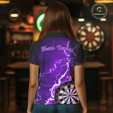 Load image into Gallery viewer, Woman wearing custom purple lightning darts polo shirt back view.