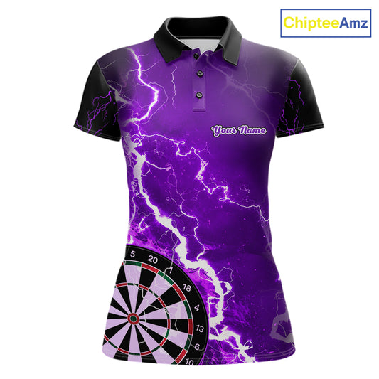 Custom purple lightning darts team jersey polo shirt for women, personalized dart shirt with bold lightning design for darts league players.