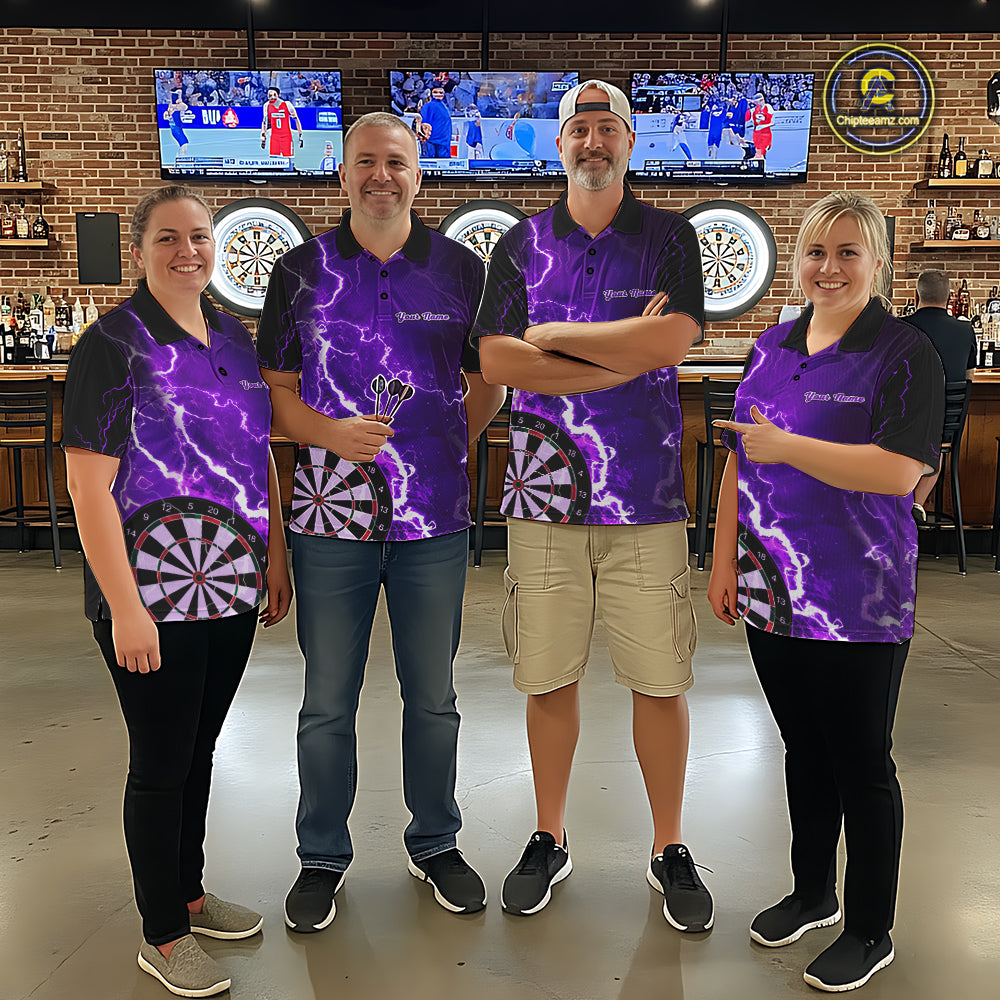 Darts team wearing matching purple lightning darts jerseys front view.