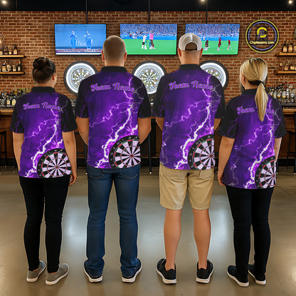 Darts team wearing matching purple lightning darts jerseys back view.