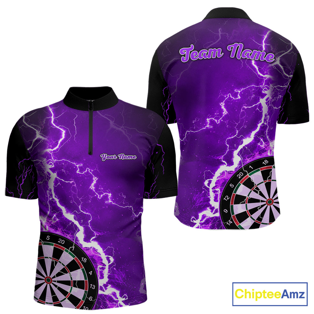 Custom purple lightning darts team quarter zip shirt for men with bold lightning graphics and personalized darts jersey design.