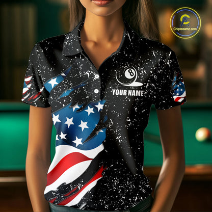 Black Grunge Eagle American Flag Custom Billiard Shirts For Women, Patriotic Billiard Team Shirts TDM2444