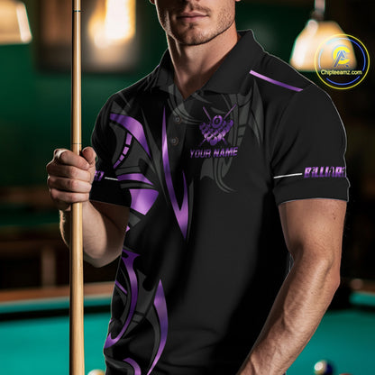Custom Black And Purple 8 Ball Crown Billiard Shirts For Men, Pool Team Jersey Polo & 1/4 Zip TDM7774